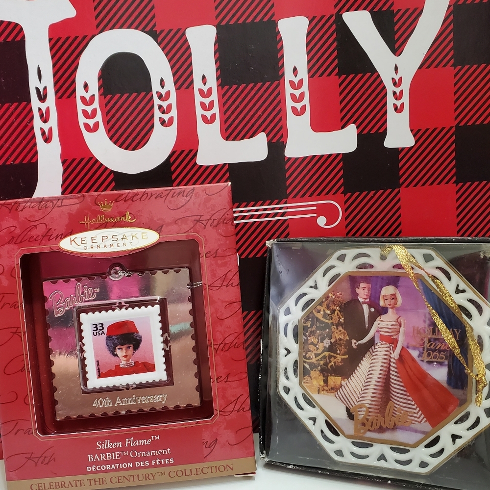 Two Vintage Barbie Christmas Ornaments Hallmark and Enesco 1996 1999 vintage